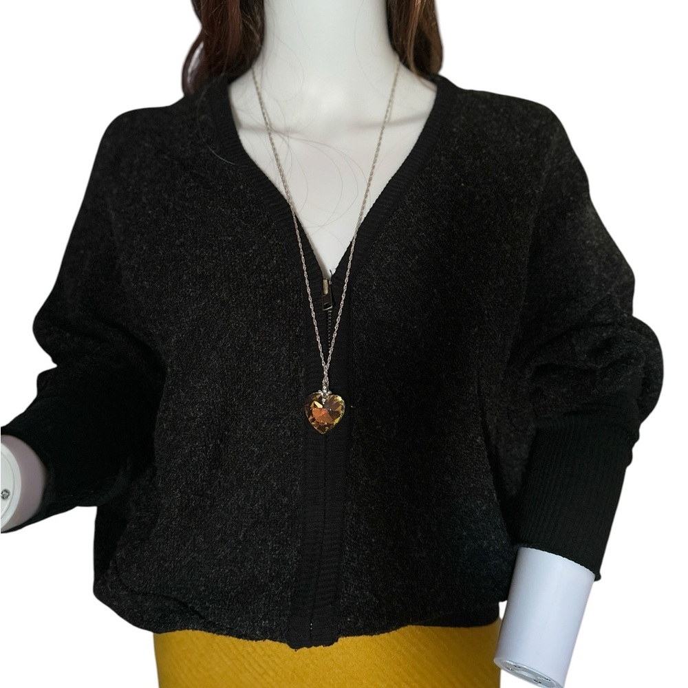 Elegant Black Grey Knit Cropped Cardigan Dolman Sleeves Half Zip V neck